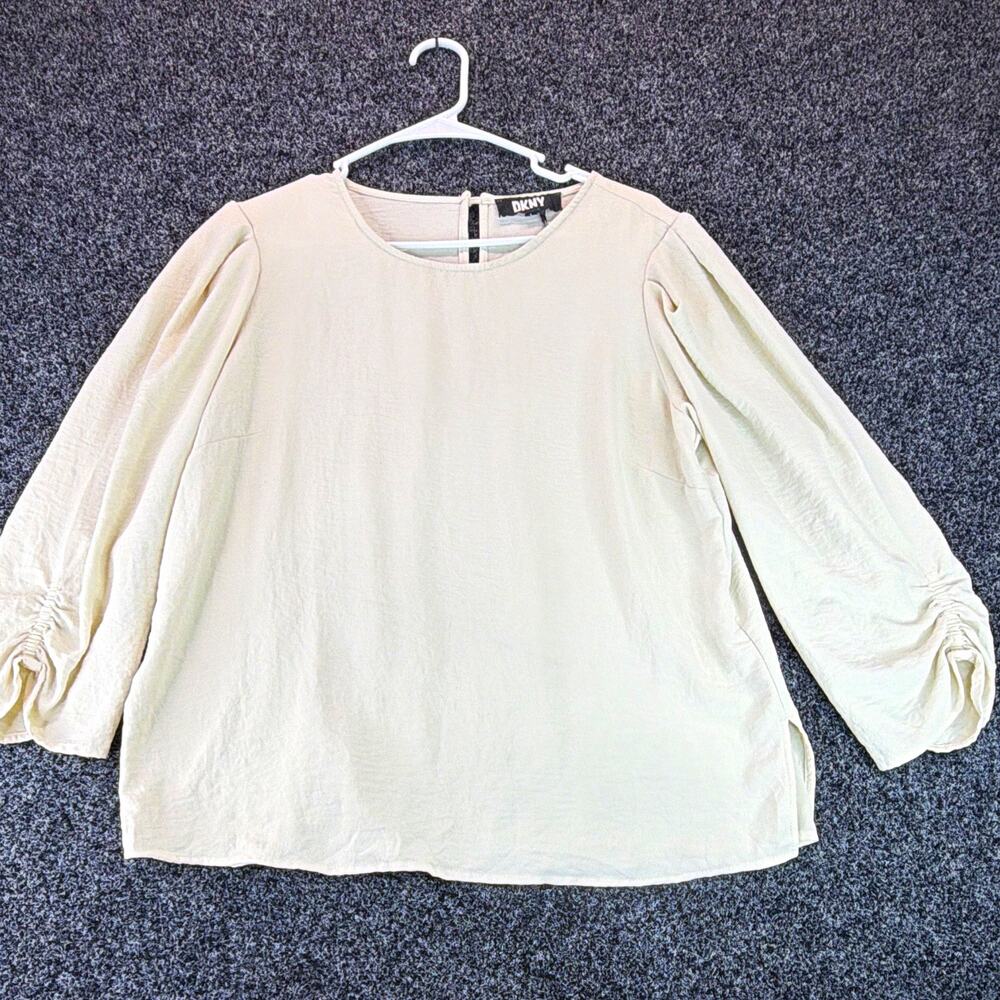 DKNY Women's Beige Woven Polyester Button Accent Round Neck Puff Blouse L